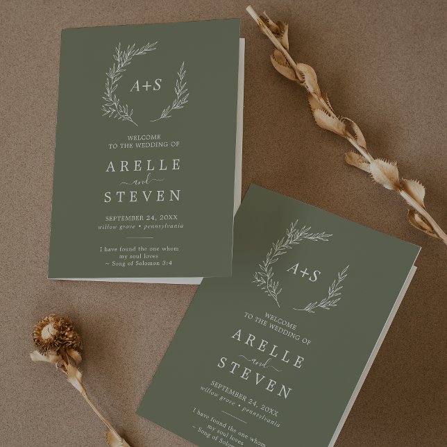 Minimal Leaf | Dark Green Folded Wedding Program (Creator Uploaded)