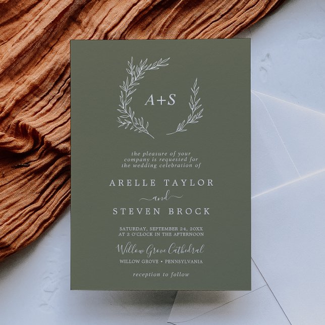 Minimal Leaf | Dark Green Formal Monogram Wedding Invitation (Creator Uploaded)