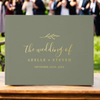 Minimal Leaf Dark Green Gold Foil Monogram Wedding