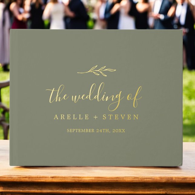 Minimal Leaf Dark Green Gold Foil Monogram Wedding Guest Book (Minimal Leaf Dark Green Gold Foil Monogram Wedding Foil Guest Book)