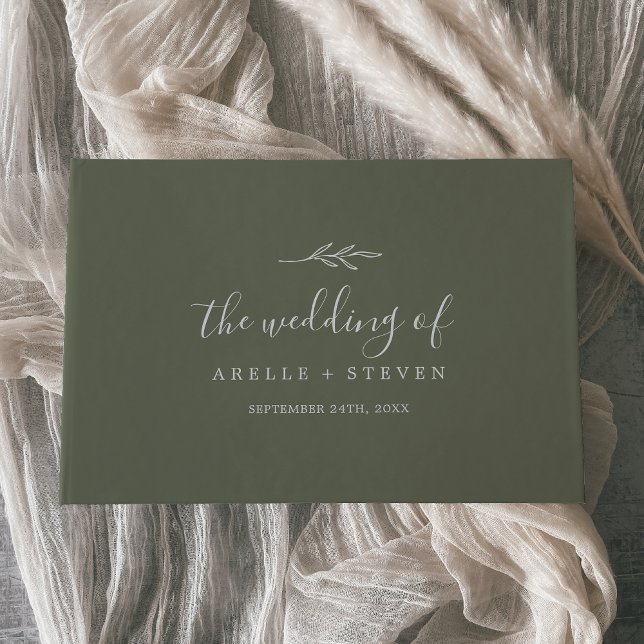 Minimal Leaf | Dark Green Monogram Back Wedding Guest Book (Creator Uploaded)