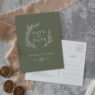 Minimal Leaf Dark Green Save the Date Invitation Postcard