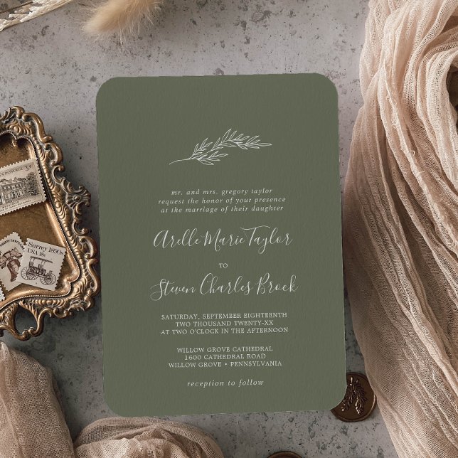 Minimal Leaf | Dark Green Traditional Wedding Invitation (Creator Uploaded)