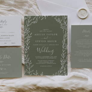 Minimal Leaf   Dark Green Wedding Invitation