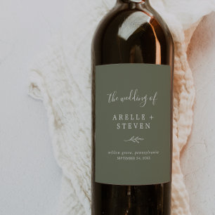 Minimal Leaf Dark Green Wedding Wine Label