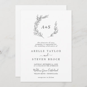 Minimal Leaf   Dark Grey All In One Wedding Invitation