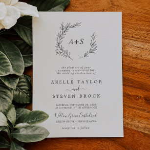 Minimal Leaf   Dark Grey Formal Monogram Wedding Invitation