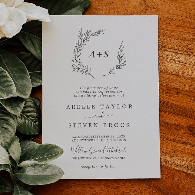 Minimal Leaf | Dark Grey Formal Monogram Wedding Invitation (Creator Uploaded)