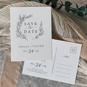 Minimal Leaf   Dark Grey Save the Date Invitation Postcard