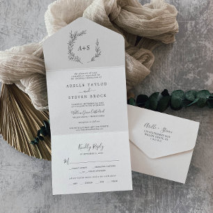 Minimal Leaf Dark Grey Wedding All In One Invitation
