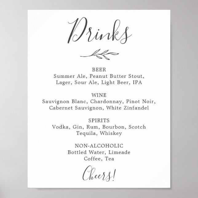 Minimal Leaf | Dark Grey Wedding Drinks Menu Sign (Front)