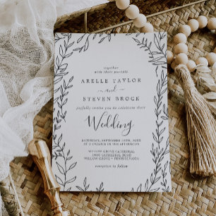 Minimal Leaf Dark Grey Wedding Invitation