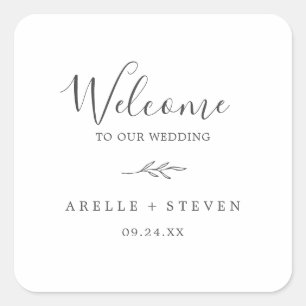Minimal Leaf   Dark Grey Wedding Welcome Square Sticker