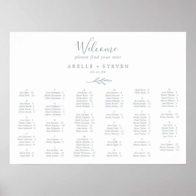 Minimal Leaf Dusty Blue Alphabetical Seating Chart (Front)