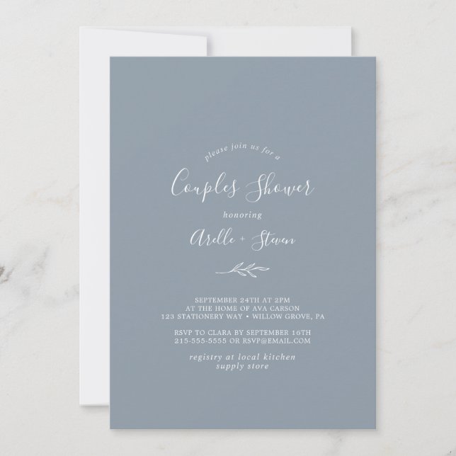 Minimal Leaf | Dusty Blue Couples Shower Invitation (Front)