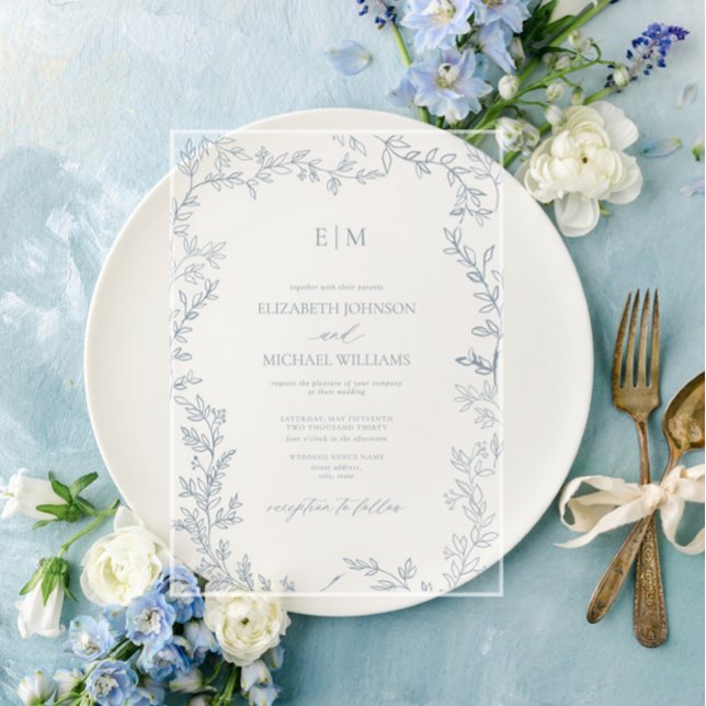Minimal Leaf Dusty Blue Elegant Monogram Wedding Acrylic Invitations (Creator Uploaded)