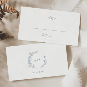 Minimal Leaf Dusty Blue Flat Wedding Place Card