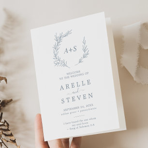 Minimal Leaf Dusty Blue Folded Wedding Program
