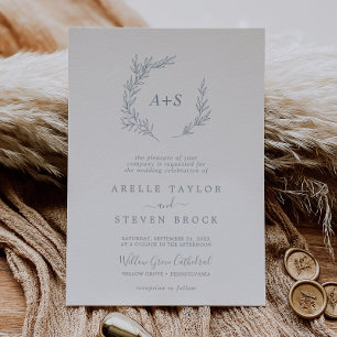 Minimal Leaf Dusty Blue Formal Monogram Wedding Invitation