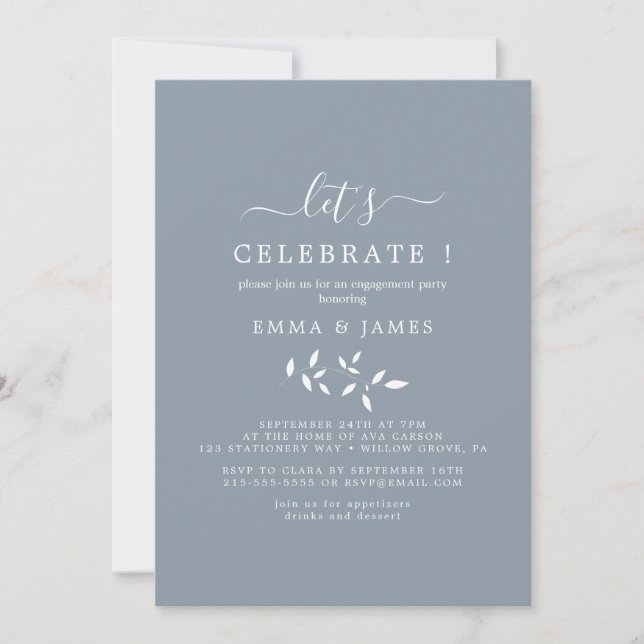 Minimal Leaf | Dusty Blue "Let's Celebrate"  Invitation (Front)