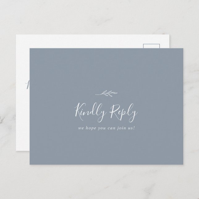 Minimal Leaf Dusty Blue Menu Choice RSVP Postcard (Front/Back)