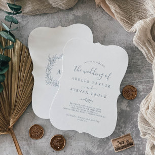 Minimal Leaf Dusty Blue Monogram Back Wedding Invitation