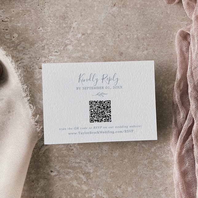 Minimal Leaf | Dusty Blue QR Code Wedding RSVP Enclosure Card (Creator Uploaded)