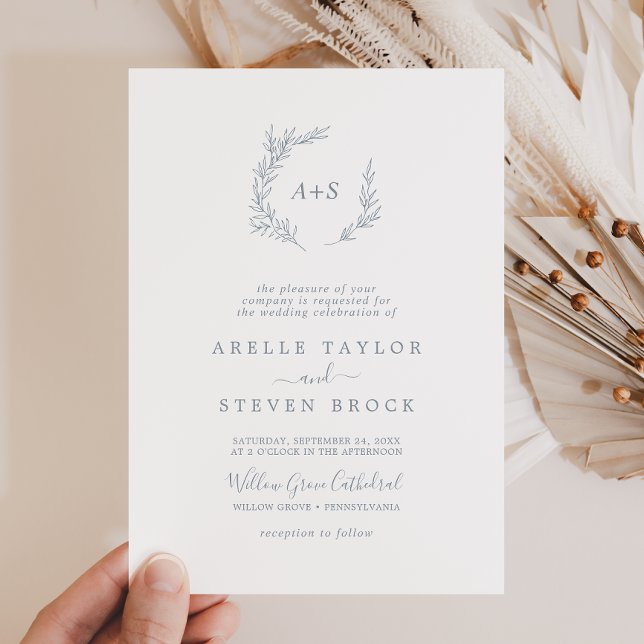 Minimal Leaf | Dusty Blue Small Monogram Wedding Invitation (Creator Uploaded)