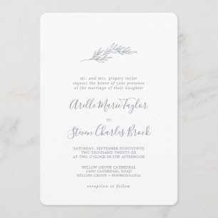 Minimal Leaf   Dusty Blue Traditional Wedding Invitation