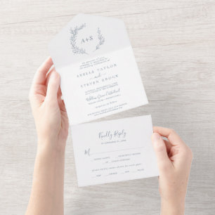 Minimal Leaf   Dusty Blue Wedding All In One Invitation
