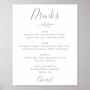 Minimal Leaf Dusty Blue Wedding Drinks Menu Sign
