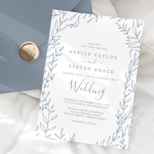 Minimal Leaf Dusty Blue Wedding Invitation
