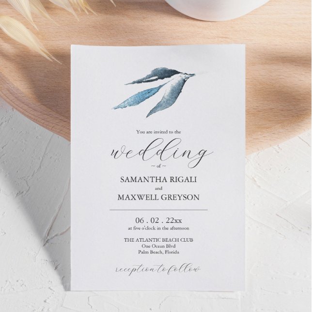 Minimal Leaf Dusty Blue Wedding Invitation (Minimal Leaf Dusty Blue Wedding Invitation watercolor art by Victoria Grigaliunas of Do Tell A Belle)