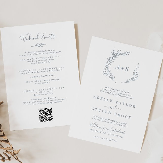 Minimal Leaf | Dusty Blue Weekend Events Wedding Invitation (Creator Uploaded)