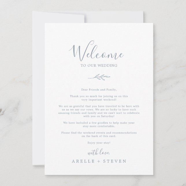 Minimal Leaf Dusty Blue Welcome Letter & Itinerary (Front)