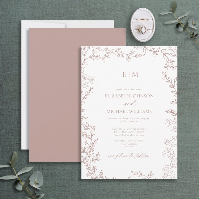 Minimal Leaf Dusty Rose Elegant Monogram Wedding Invitation (Creator Uploaded)