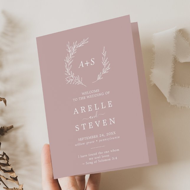 Minimal Leaf | Dusty Rose Folded Wedding Program (Creator Uploaded)