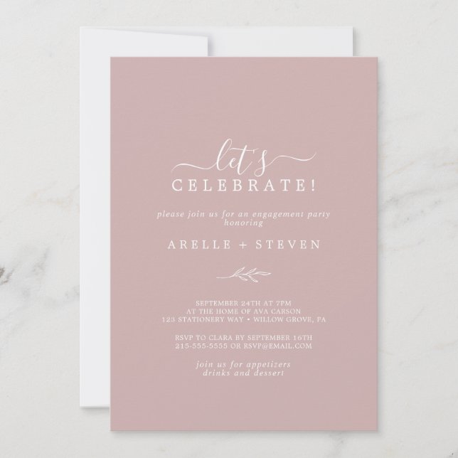 Minimal Leaf | Dusty Rose Let's Celebrate Invitation (Front)