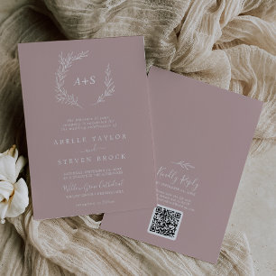 Minimal Leaf   Dusty Rose Monogram QR Code Wedding Invitation