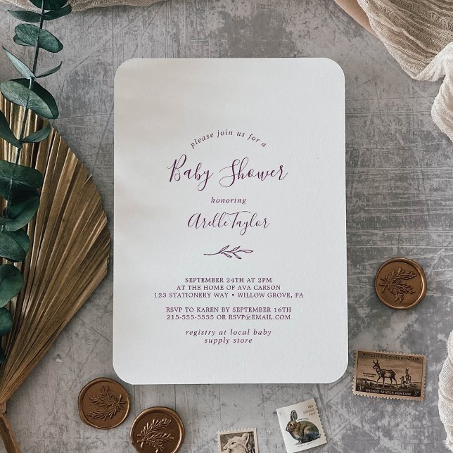 Minimal Leaf | Eggplant Baby Shower Invitation (Creator Uploaded)