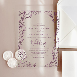Minimal Leaf Eggplant Greenery Elegant Wedding Acrylic Invitations