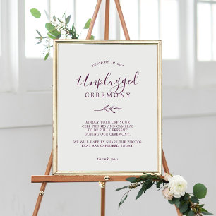 Minimal Leaf Eggplant Unplugged Ceremony Sign