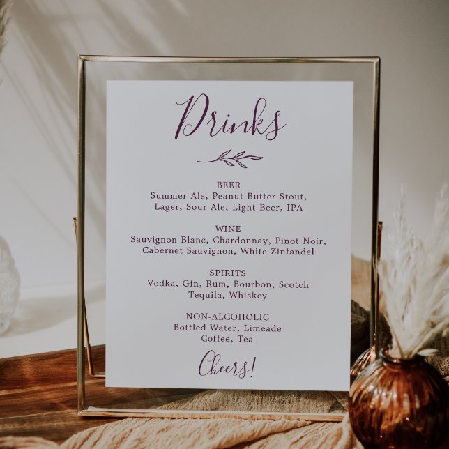 Minimal Leaf | Eggplant Wedding Drinks Menu Poster (Creator Uploaded)