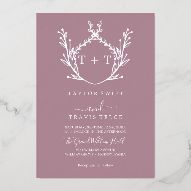 Minimal Leaf Foil Mauve Formal Monogram Wedding  (Front)
