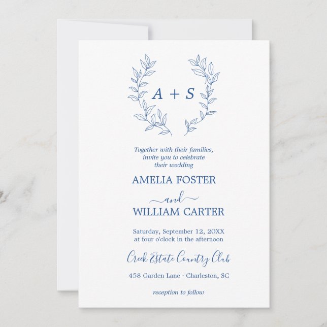 Minimal Leaf | Formal Monogram Wedding Invitation (Front)