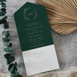 Minimal Leaf   Gold and Emerald Wedding All In One Invitation