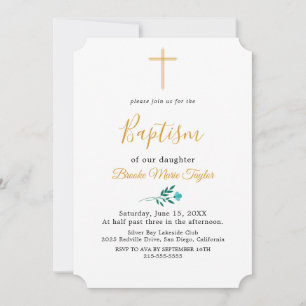 Minimal Leaf Gold Baptism Invitation