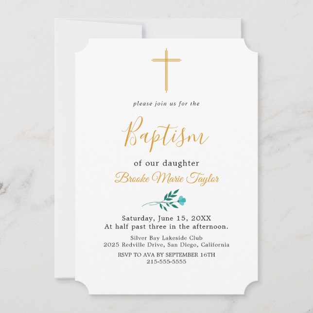 Minimal Leaf Gold Baptism Invitation (Front)