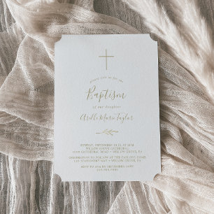 Minimal Leaf   Gold Baptism Invitation