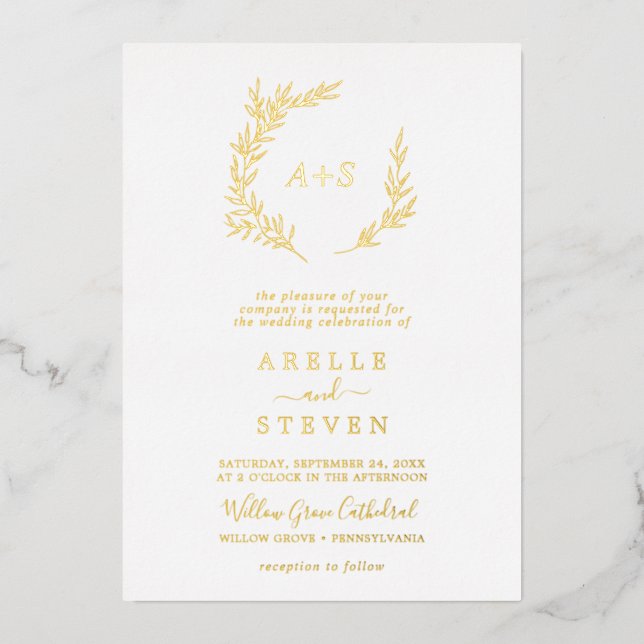 Minimal Leaf Gold Foil Bold Name Monogram Wedding (Front)